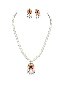 Traditional Pearl Necklace Set with American Diamond Ruby Pendant, White Cultured Pearls, Gold-Plated