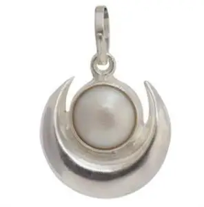 Shivi Gems Original Pearl Moti Silver Coated Panch dhatu Moon Shaped Pendant Weight 7.25 Ratti Lab Certified for Child Men and Women