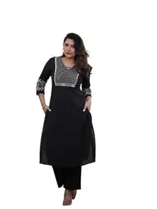 NUTAN ENTERPRISES Women's Cotton Embroidery Straight Kurti With Pant Set
