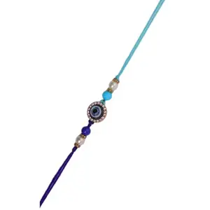 Evil eye rakhi and lumba set for brother and bhabhi, handcrafted with blue thread, pearls, and beads, perfect for rakshabandhan gifting