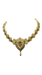 Elegant Gold-Toned Floral Necklace with Blue Crystal Details, Traditional Design