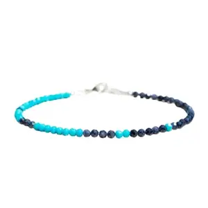 LKBEADS Sleeping Beauty Turquoise & Sapphire bracelet with Silver clasp - 3mm Round beads- Faceted Cut -7 Inch Bracelet– Healing, Fashion, Gift, Spiritual, Yoga|LK_STACK_08656