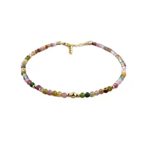 RRJEWELZ Watermelon Tourmaline Round Beaded Bracelet – Smooth 3mm Multicolor Stones with Gold Lock – 7 Inch Adjustable link Bracelet for Men & Women|LCBR_RR_06650