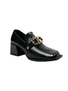 Theater Women Black Chunky Block Heels | Leather Loafers | Square Toe & Gold Chain Detail | Stylish & Comfortable | Formal & Casual Wear