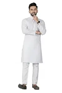 Conch Fashion Men’s Plain Solid Cotton Kurta Pajama Set Classic Straight Fit Long Kurta for Festive, Casual & Ethnic Wear Mandarin Collar Full Sleeve Traditional Kurta for Men