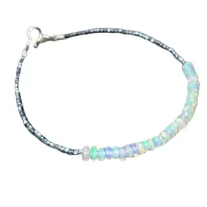 RRJEWELZ Natural Ethiopian Opal 3-3.5mm Rondelle Shape Smooth Cut Gemstone Beads 7 Inch Silver Plated Clasp Bracelet With Karren Hill Tribe Beads For Men, Women. Natural Gemstone Link Bracelet. | Lcbr_02622