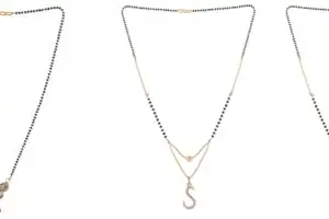 Gold Plated Traditional Black Bead Single Line American Diamond Pendant Jewellary set for Women(Combo) Pack of 3 MSCN-10-1-54-