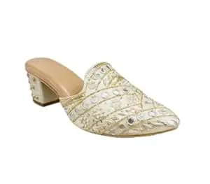 EZZIAUTO Women's Embroidered Mule Heels, Handmade Beaded Slip-On Sandals with Block Heel, Cushioned Insole, Non-Slip Sole for Wedding, Party