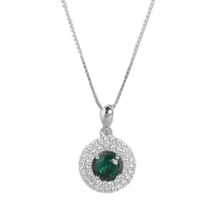 ZAVYA 925 Sterling Silver Royal Green Solitaire Halo Rhodium Plated Pendant Chain | Gift for Women and Girls | With Certificate of Authenticity and 925 Hallmark