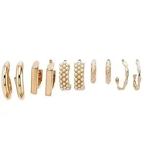 Kalka Traders Fashion Jewelry Gold-Toned Hoop Earrings Set, 5 Pairs, Pearl and Metal Design, Minimalist Collection