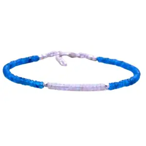 LKBEADS Ethiopian Opal & Neon Apatite bracelet with Silver clasp - 3mm Rondelle beads- Faceted & Smooth Cut -7 Inch Adjustable Bracelet– Healing, Fashion, Gift, Spiritual, Yoga|LK_STACK_07554