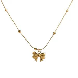 ANTI TARNISH Gold Plated Bow Pendant Necklace with Beaded Chain for Women
