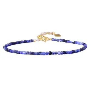 LKBEADS Gold Plated Bracelet with Blue Smooth Sodalite Beads – Round 3mm – 7 inch Adjustable – For Men & Women|LK_STACK_06221