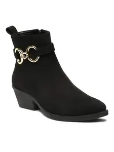 Bruno Manetti Women's Black Slipon Side Zipper With Golden Buckle PU Leather Belt Ankle Length Comfort Mid Top Heel Boots