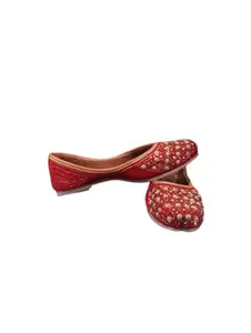 RAA Couture, Red Color Embroidered Handmade Jutti for Women with Soft Leather and Traditional Embellished Jutti Flats (RED, UK Footwear Size System, Adult, Women, Numeric, Medium, 10)
