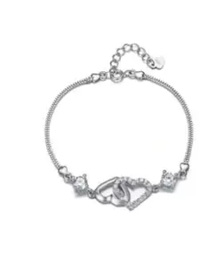 Nilu's Collection Sterling Silver Double Heart Charm Bracelet, White and Purple Cubic Zirconia Adjustable Bracelet for Girls and Women