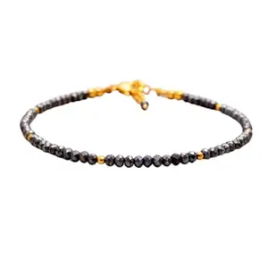 RRJEWELZ Pyrite Rondelle Beaded Bracelet – Faceted 2-2.5mm Black Stones with Gold Lock – 7 Inch Adjustable link Bracelet for Men & Women|LCBR_RR_05590