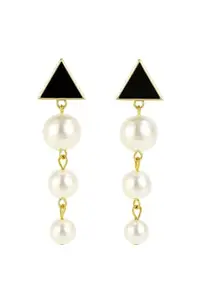 Triangle Drop Pearl Earrings, Gold-Toned, Black Geometric Stud with Triple Pearl Dangles
