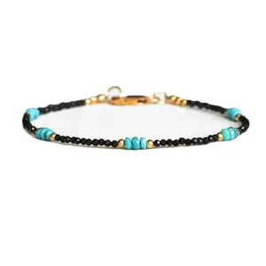 LKBEADS Black Spinel & Turquoise bracelet with Gold clasp - 2-3mm Tyre & Rondelle beads- Faceted & Smooth Cut -7 Inch Adjustable Bracelet– Healing, Fashion, Gift, Spiritual, Yoga|LK_STACK_07152