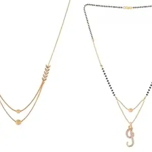 Gold Plated Traditional Black Bead Single Line American Diamond Pendant Mangalsutra for Women Combo. Pack of 2 MSCN-3-54-16 Combo. New