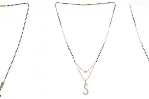 Gold Plated Traditional Black Bead Single Line American Diamond Pendant Jewellary set for Women(Combo) Pack of 3MCN-3-1-32-/