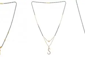 Gold Plated Traditional Black Bead Single Line American Diamond Pendant Jewellary set for Women(Combo) Pack of 3MCN-13-1-13-/