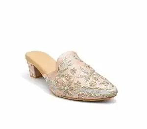 EZZIAUTO Women's Embroidered Mule Heels, Handmade Beaded Slip-On Sandals with Block Heel, Cushioned Insole, Non-Slip Sole for Wedding, Party