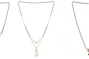 Gold Plated Traditional Black Bead Single Line American Diamond Pendant Jewellary set for Women(Combo) Pack of 3MCN-26-1-47-/