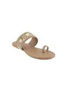 scentra fashion Women's Beaded Embellished Slip-On Flat Sandals – Elegant and Comfortable Toe-Ring Sandals for Casual and Dressy Outfits (Beige, UK Footwear Size System, Adult, Women, Numeric, Medium, 6)