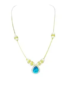 Crystal Pearl Necklace with Pink Crystal Teardrop Pendant, Gold-Toned Chain with Rhinestones, 45 cm (BLUE)