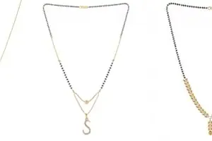 Gold Plated Traditional Black Bead Single Line American Diamond Pendant Jewellary set for Women(Combo) Pack of 3MCN-44-1-4-/