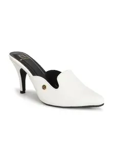 Carlton London Women White Stylish Textured Mule with Stiletto Heels, Pointed Toe for Party, Office and Daily Use (38)