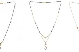 Gold Plated Traditional Black Bead Single Line American Diamond Pendant Jewellary set for Women(Combo) Pack of 3MCN-8-1-35-/