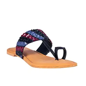 SHOENEED'S Women Ethnic Embroidered Kohlapuri Flats Sandal Slippers | Comfortable Sandals for Casual, Party and Formal Occasions | Sandal for Women | Sandal Chappals for women footwear