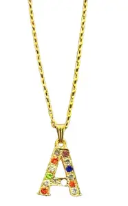 AK Store Multi-Coloured Crystal Stone Alphabet Letter Pendant Necklace Locket for Men Women & Boys, Golden (Letter A)