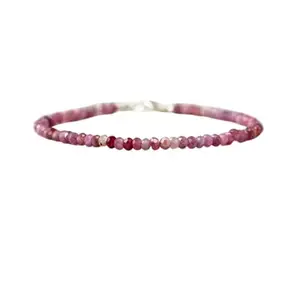 Lady Works Pink Ruby 3mm Rondelle Shape Faceted Cut Beads 7 inch Silver Plated Clasp Bracelet for men, women, unisex. Link Chain Stacking Bracelet.|LBRAC_LW_05484