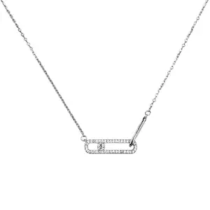 AMONROO 925 Sterling Silver Rectangular CZ Bar Penadant Connecting Link Pattern Pendant Necklace Minimalist Handmade Gift for Women