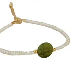 RRJEWELZ Fresh Water Pearl With Green Jade 2-8X10mm Rondelle & Oval Shape Smooth Cut Gemstone Beads 7 Inch Adjustable Gold Plated Clasp Bracelet For Men, Women. Gemstone Link Bracelet. | Lcbr_02921