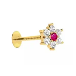 Generic Gold 7 Stone Nose Pin with One Mid Red Diamond and South Screw for Pierced Nose