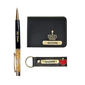YOUR GIFT STUDIO Personalized Customized 3-in-1 Combo Gift Box | Men's 2 Pieces + Pen | Faux Leather Men Customized Wallet &Customized Keychain with Beautiful Customized Pen Combo((Black)