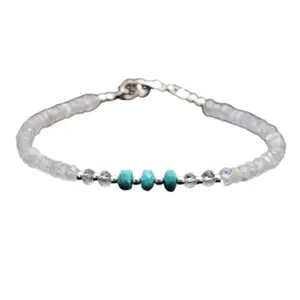 LKBEADS Turquoise, Moonstone & Aquamarine bracelet with Silver clasp - 3-3.5mm Rondelle beads- Faceted Cut -7 Inch Adjustable Bracelet– Healing, Fashion, Gift, Spiritual, Yoga|LK_STACK_08770
