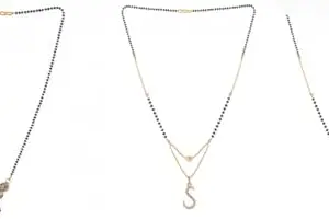 Gold Plated Traditional Black Bead Single Line American Diamond Pendant Jewellary set for Women(Combo) Pack of 3MCN-10-1-43-/