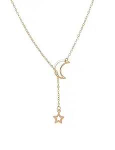 Stylish N Gorgeous Non-Precious Metal Moon Star Long Chain for Girls & Women; Hollow Moon Star Pendant Link Chain Necklace (Gold)
