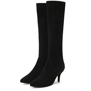 SaintG Black Stretch Suede Kitten Heel Below The Knee Calf Boots For Women