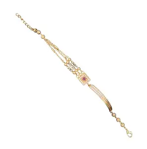 Designer Gold-Toned Bracelet with Ruby Centre Stone, Crystal Embellishments, Chain Link Pattern