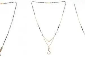 Gold Plated Traditional Black Bead Single Line American Diamond Pendant Jewellary set for Women(Combo) Pack of 3 MSCN-3-1-43-