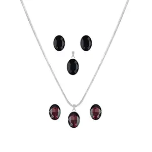 JFL - Jewellery for Less Stylish Silver Plated Oval Crystal Pendant with Silver Chain and Earrings (Wine, Black)