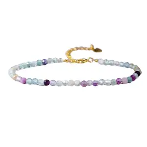 RRJEWELZ Fluorite Round Beaded Bracelet – Smooth 3-3.5mm Multicolor Stones with Gold Lock – 7 Inch Adjustable link Bracelet for Men & Women|LCBR_RR_02912