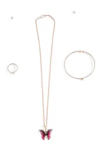 Rose Piece Jewellery Set with Butterfly Pendant Necklace, Ring, earrings, and Bangle combo (black-hot pink)