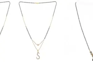 Gold Plated Traditional Black Bead Single Line American Diamond Pendant Jewellary set for Women(Combo) Pack of 3MCN-6-1-10-/